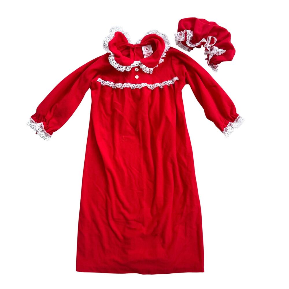 Vtg 1980s Flannel Factory Nightgown and Bonnet Red White Lace Size 3